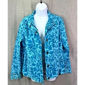 Coldwater Creek Jacket Aqua Blue Denim Snap Zip Floral Pockets Size Medium